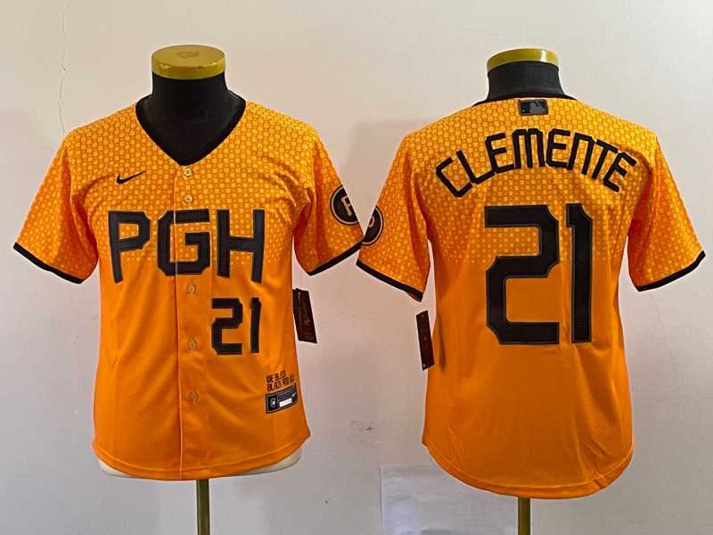 Youth Pittsburgh Pirates #21 Roberto Clemente Number Yellow 2023 City Connect Stitched Jersey2